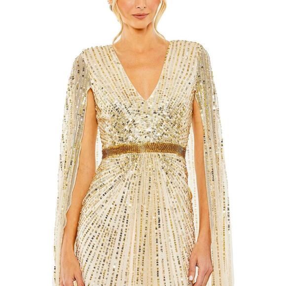 Mac Duggal Sequined V-Neck Gown Maxi Dress Cape Sleeves Nude Size 14W NWT - Picture 5 of 11